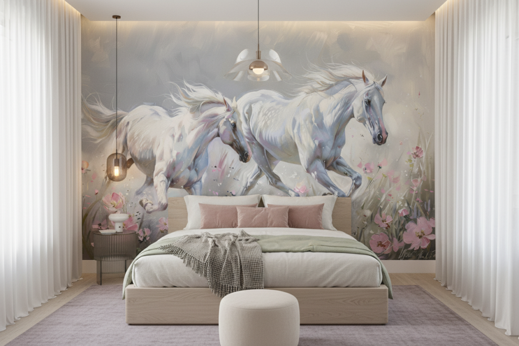 Chevaux blancs galopant dans un champ de fleurs roses délicates - Chambre ado