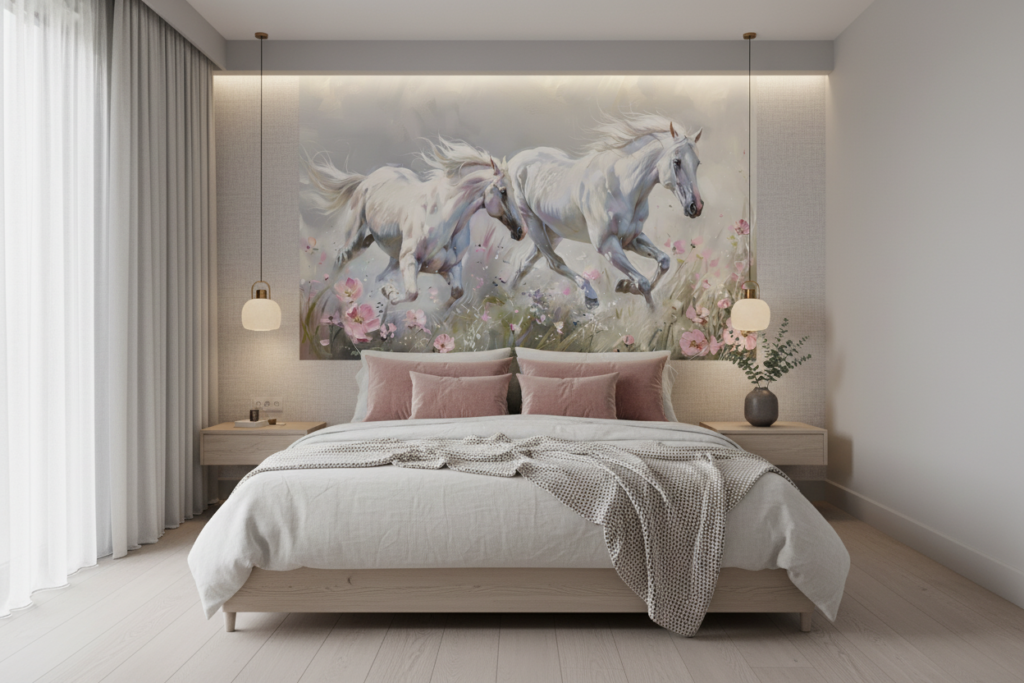 Chevaux blancs galopant dans un champ de fleurs roses délicates - Chambre adulte