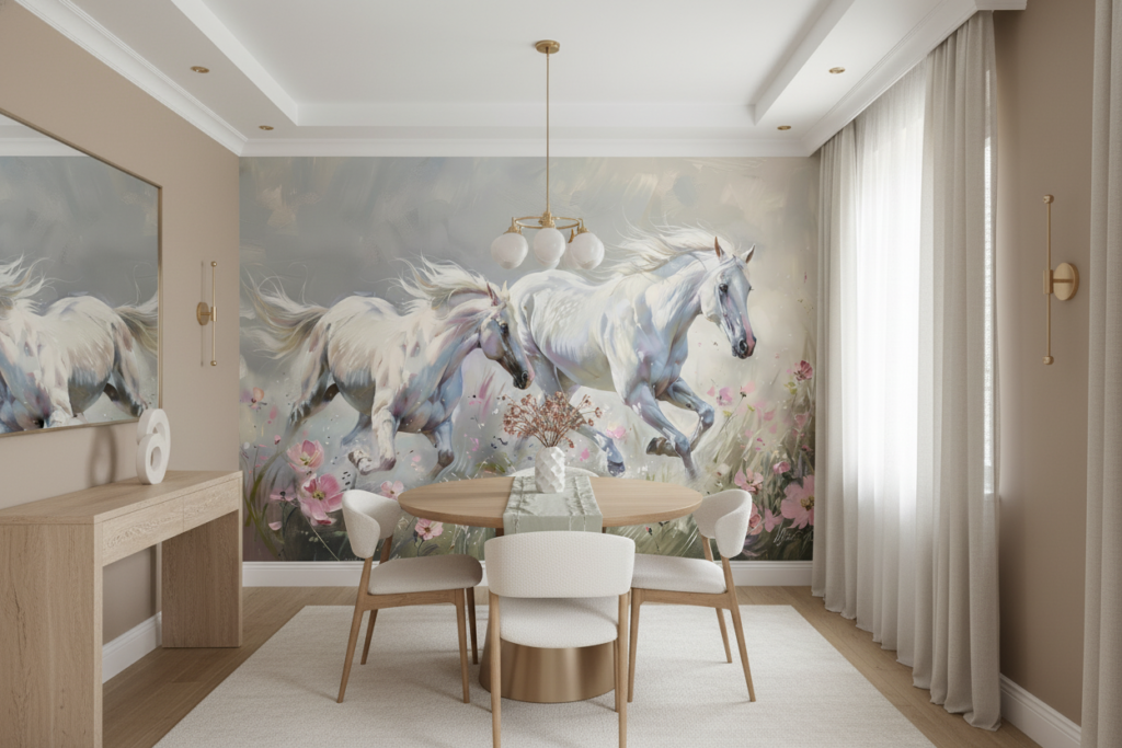 Chevaux blancs galopant dans un champ de fleurs roses délicates - Salle à manger