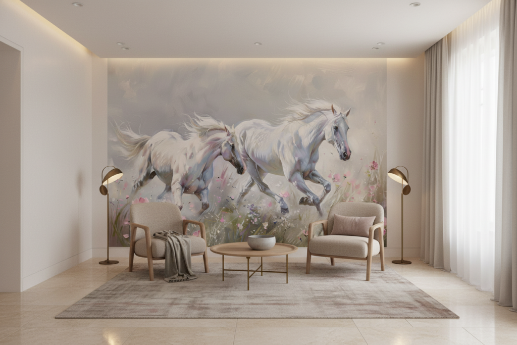 Chevaux blancs galopant dans un champ de fleurs roses délicates - Salon / Séjour
