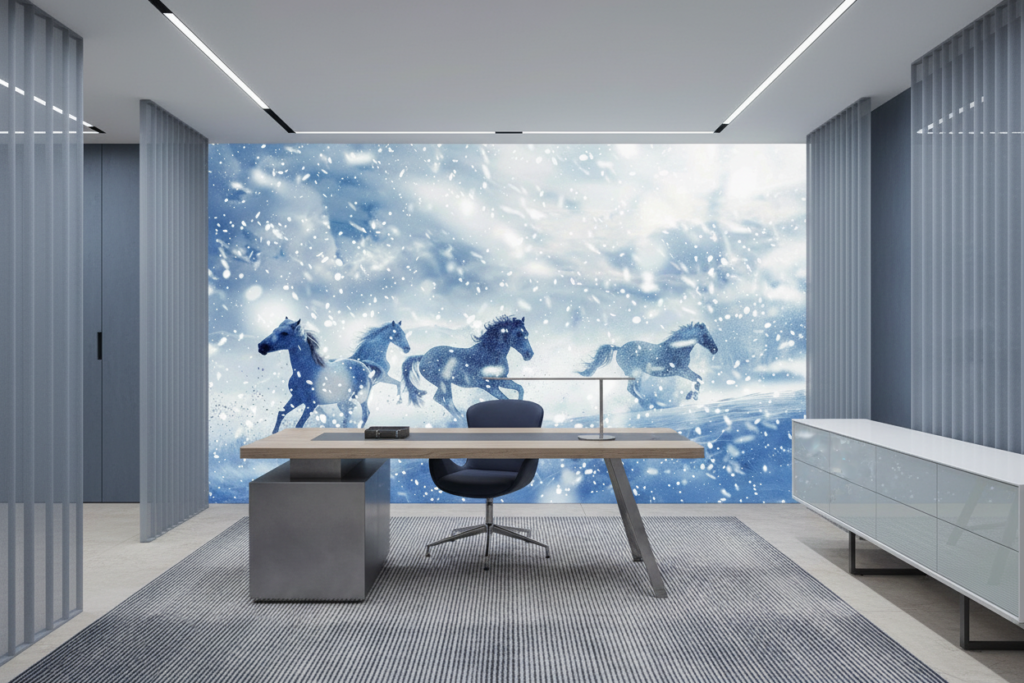 Chevaux sauvages galopant dans la tempête de neige hivernale - Bureau