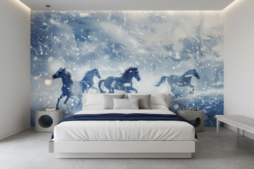 Chevaux sauvages galopant dans la tempête de neige hivernale - Chambre adulte
