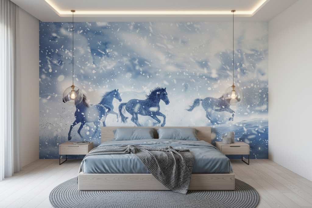 Chevaux sauvages galopant dans la tempête de neige hivernale - Chambre adulte