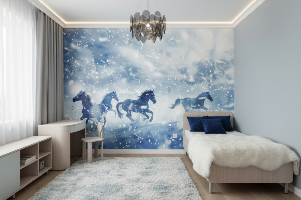 Chevaux sauvages galopant dans la tempête de neige hivernale - Chambre enfant