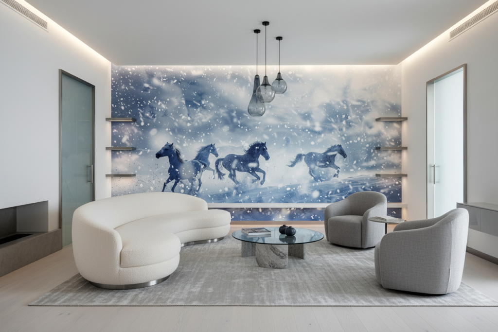 Chevaux sauvages galopant dans la tempête de neige hivernale - Salon / Séjour