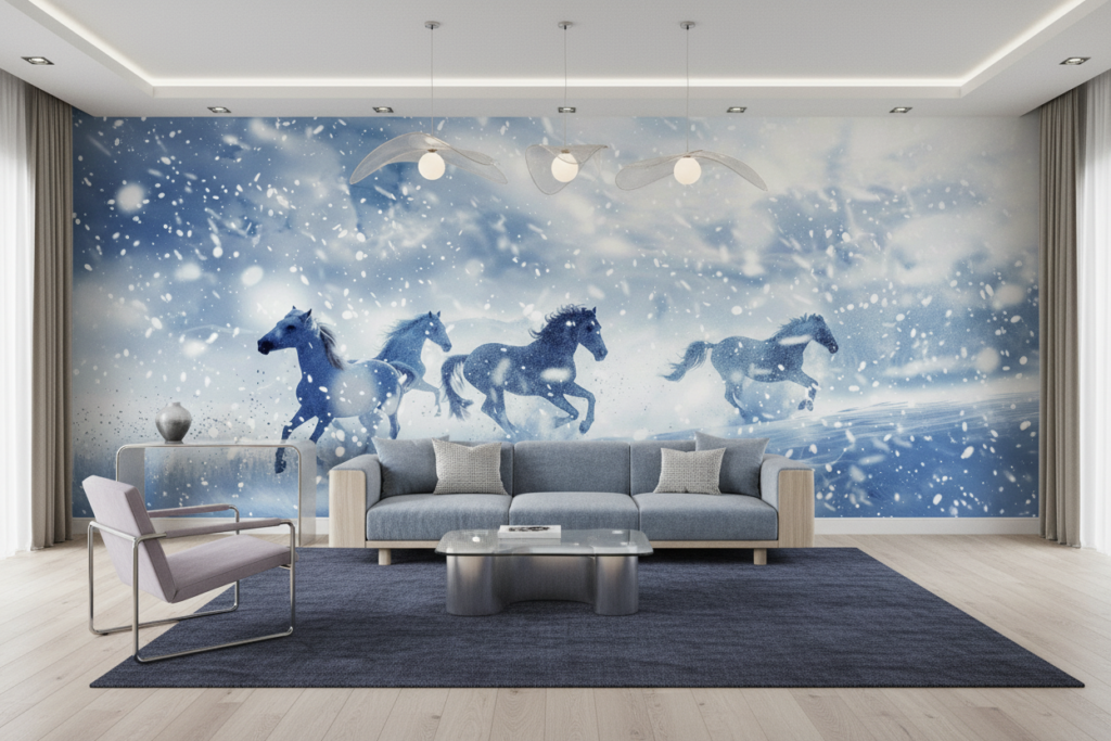 Chevaux sauvages galopant dans la tempête de neige hivernale - Salon / Séjour