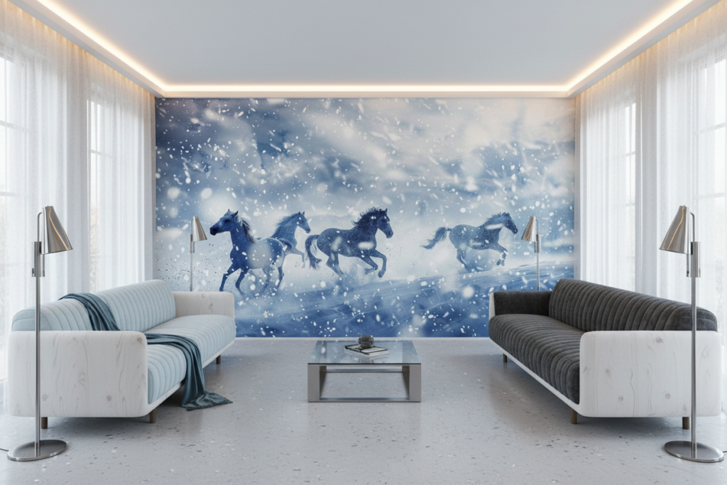 Chevaux sauvages galopant dans la tempête de neige hivernale - Salon / Séjour
