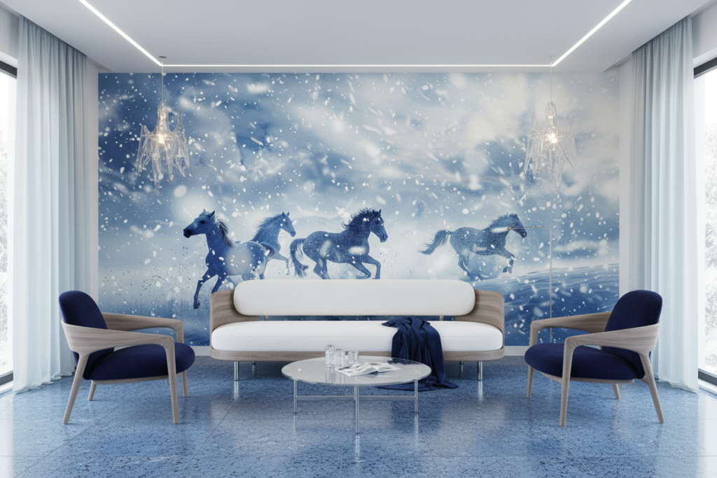 Chevaux sauvages galopant dans la tempête de neige hivernale - Salon / Séjour