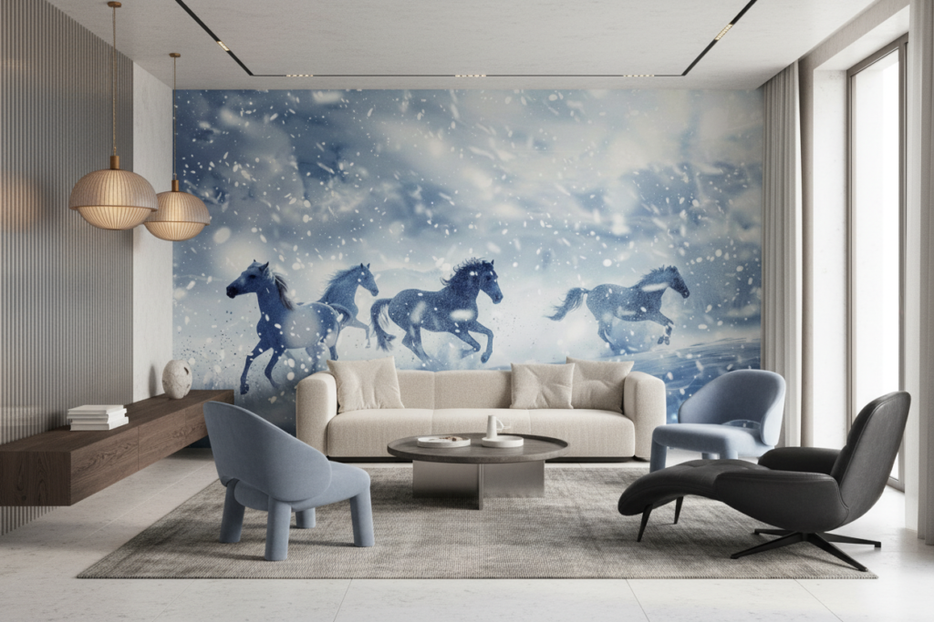 Chevaux sauvages galopant dans la tempête de neige hivernale - Salon / Séjour