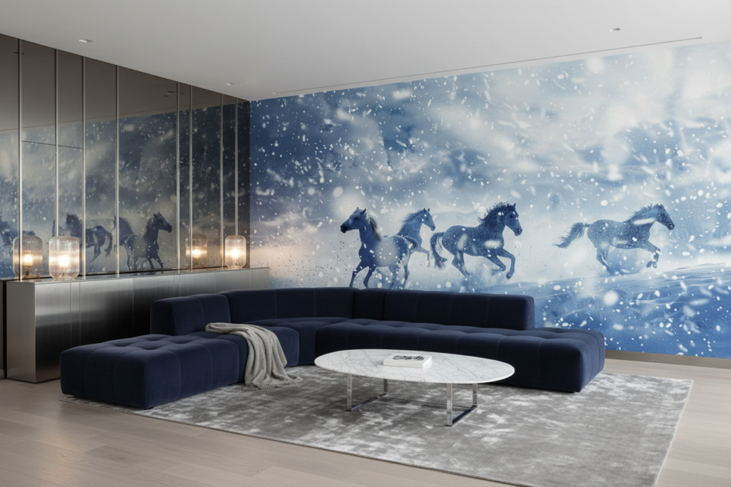 Chevaux sauvages galopant dans la tempête de neige hivernale - Salon / Séjour