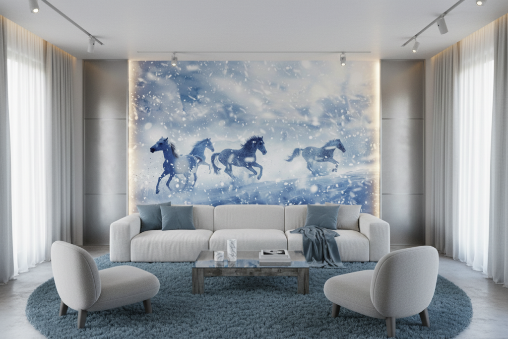 Chevaux sauvages galopant dans la tempête de neige hivernale - Salon / Séjour