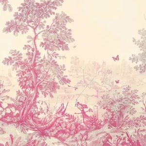 Papier peint pastoral toile de Jouy rose romantique