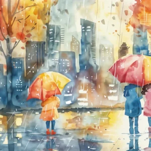 Scène urbaine automnale sous la pluie avec parapluies colorés