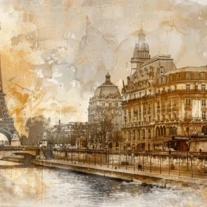 Papier peint Paris vintage avec Tour Eiffel et architecture haussmannienne