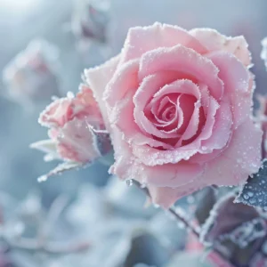 Papier peint roses givrées romantiques ambiance hivernale douce