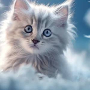 Papier peint chaton aux yeux bleus dans nuages blancs