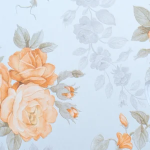 Papier peint floral romantique aux roses pêche sur fond bleu tendre