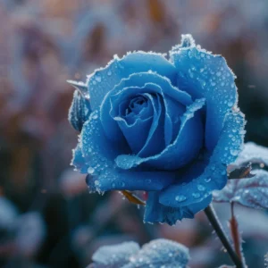 Rose bleue givrée avec cristaux de glace sur fond hivernal