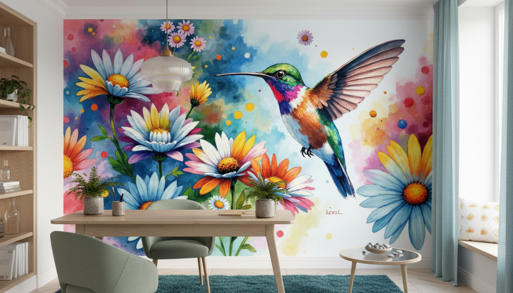 Colibri Tropical sur Fond de Marguerites Multicolores Aquarelle - Bureau