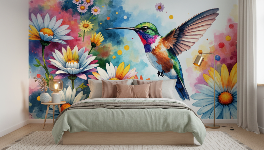 Colibri Tropical sur Fond de Marguerites Multicolores Aquarelle - Chambre adulte
