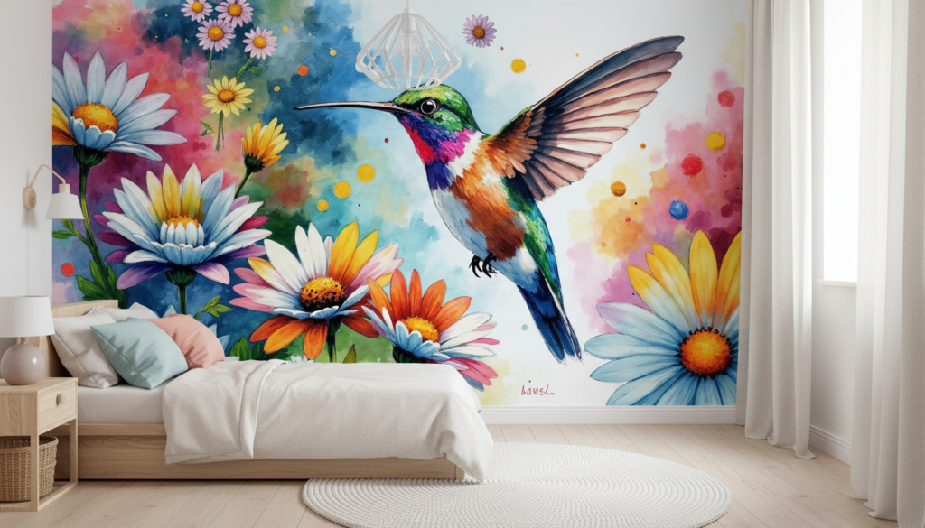 Colibri Tropical sur Fond de Marguerites Multicolores Aquarelle - Chambre enfant