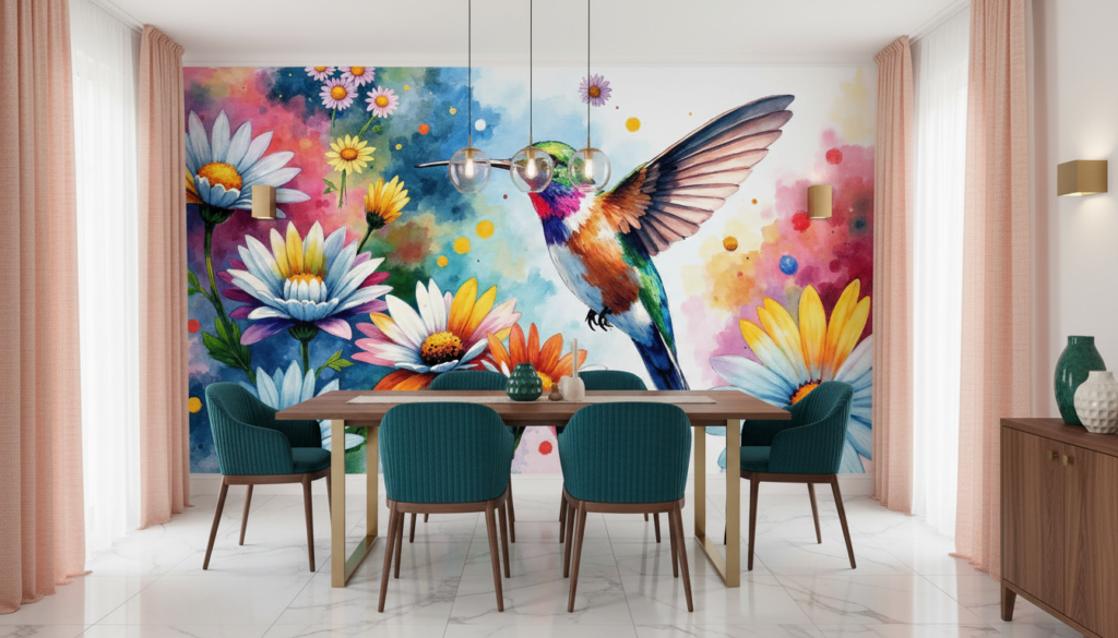 Colibri Tropical sur Fond de Marguerites Multicolores Aquarelle - Salle à manger