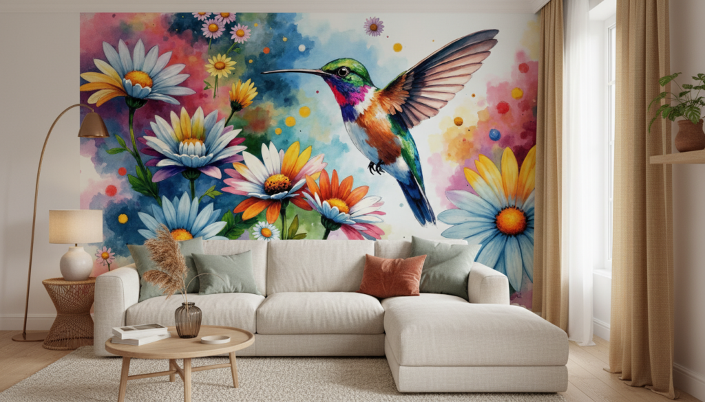 Colibri Tropical sur Fond de Marguerites Multicolores Aquarelle - Salon / Séjour