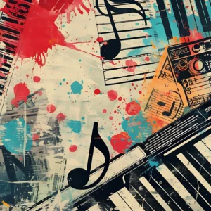Papier peint abstrait musical avec instruments vintage et notes colorées