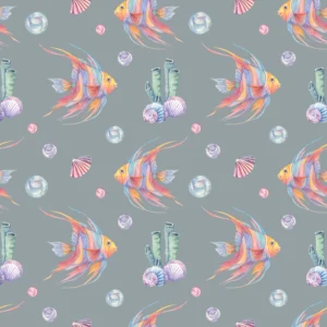 Papier Peint Aquatique Poissons Tropicaux Multicolores et Bulles Marines