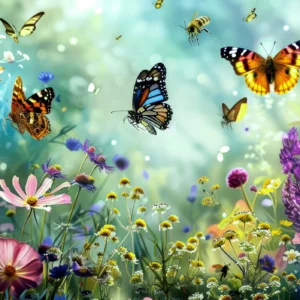 Jardin Enchantée avec Papillons Colorés et Fleurs Sauvages Champêtres