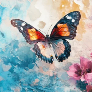 Papier Peint Aquarelle Papillon Coloré et Fleurs Roses Artistiques