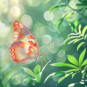 Papillon tropical aux ailes corail dans jardin luxuriant lumineux