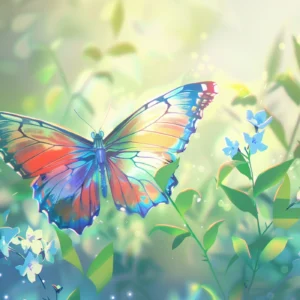 Papillon multicolore dans jardin fleuri aux tons pastel lumineux