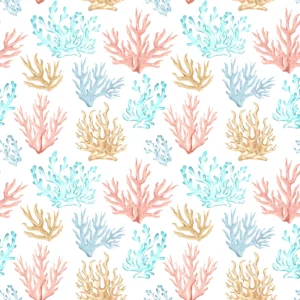 Papier Peint Coraux Aquarelle Marine Bleu Rose Beige Tropical