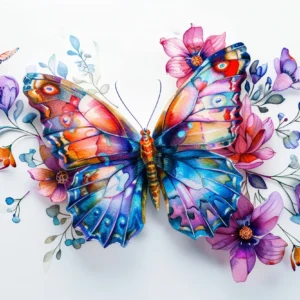 Papier peint aquarelle papillon coloré et fleurs délicates romantique