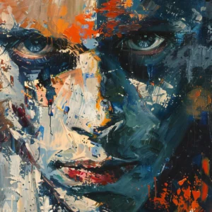 Portrait expressionniste abstrait aux tons bleus et oranges éclatants