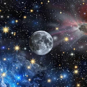 Papier peint cosmos étoilé avec lune et nébuleuses colorées