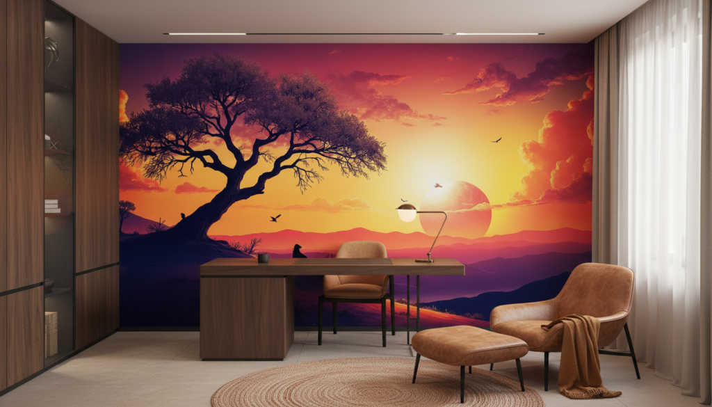 Coucher de Soleil Africain avec Arbre Solitaire et Paysage Montagneux - Bureau