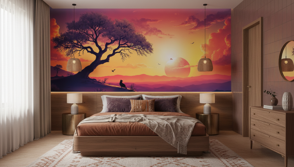 Coucher de Soleil Africain avec Arbre Solitaire et Paysage Montagneux - Chambre adulte