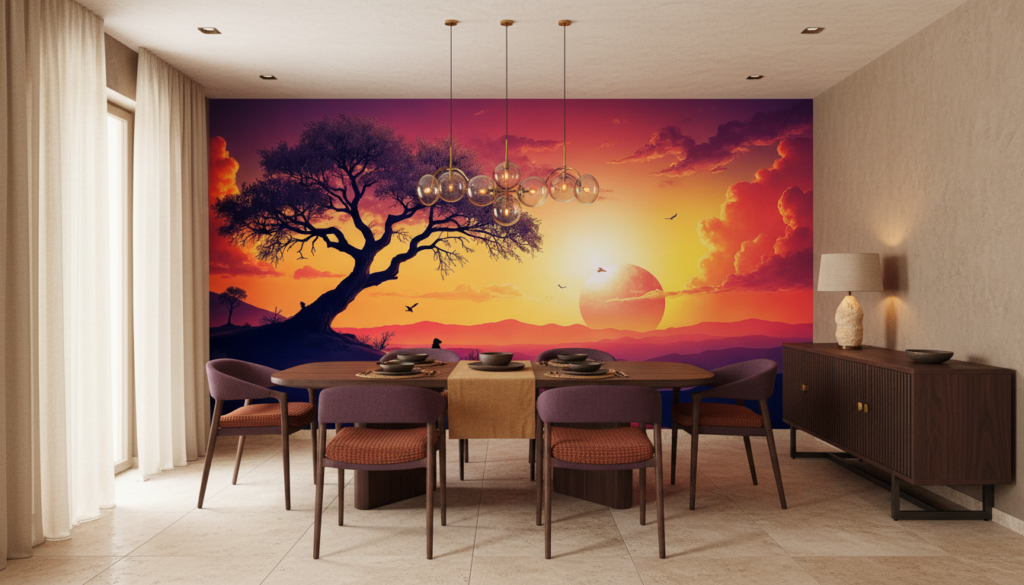 Coucher de Soleil Africain avec Arbre Solitaire et Paysage Montagneux - Salle à manger