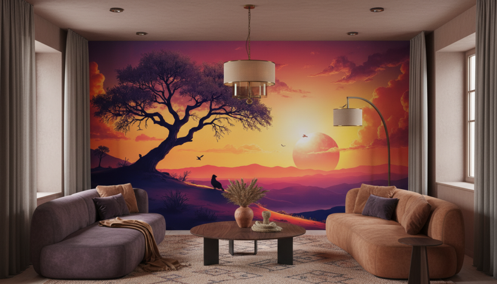 Coucher de Soleil Africain avec Arbre Solitaire et Paysage Montagneux - Salon / Séjour
