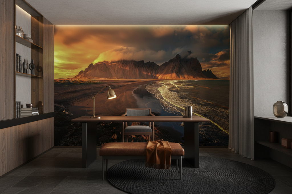 Coucher de soleil dramatique sur montagnes et plage océanique dorée - Bureau