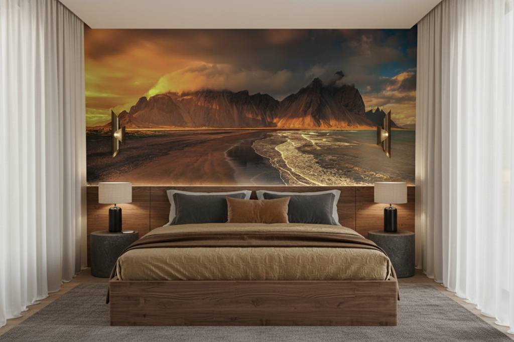 Coucher de soleil dramatique sur montagnes et plage océanique dorée - Chambre adulte