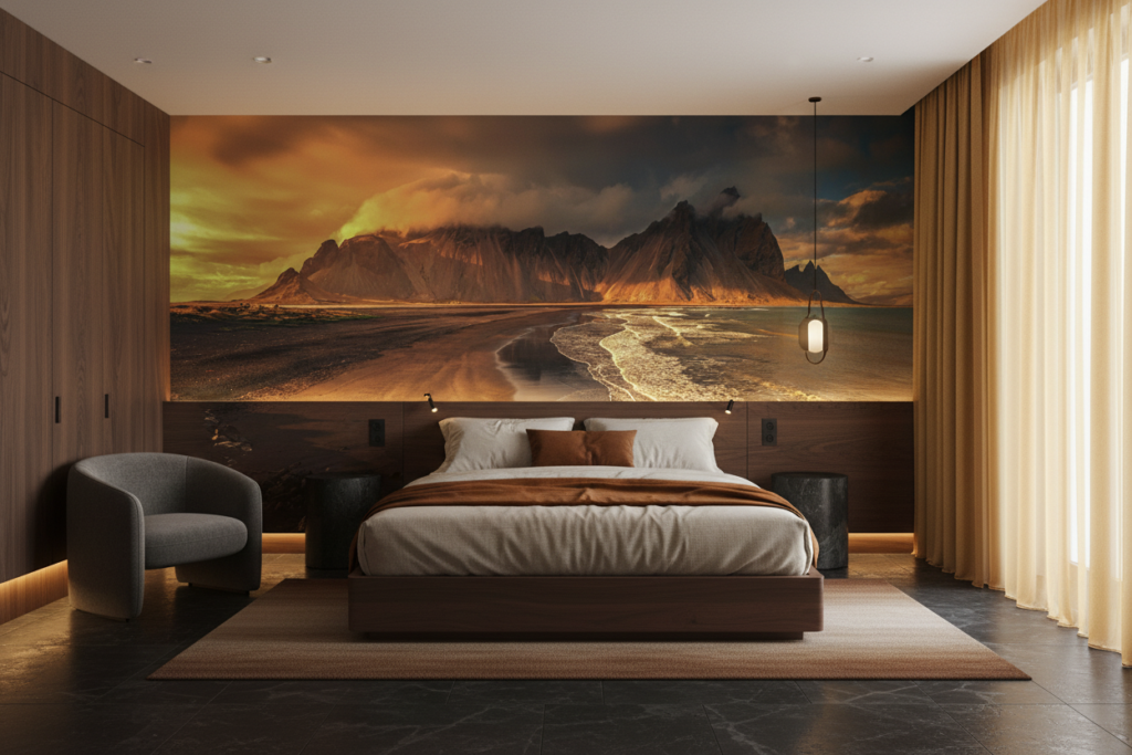 Coucher de soleil dramatique sur montagnes et plage océanique dorée - Hôtel