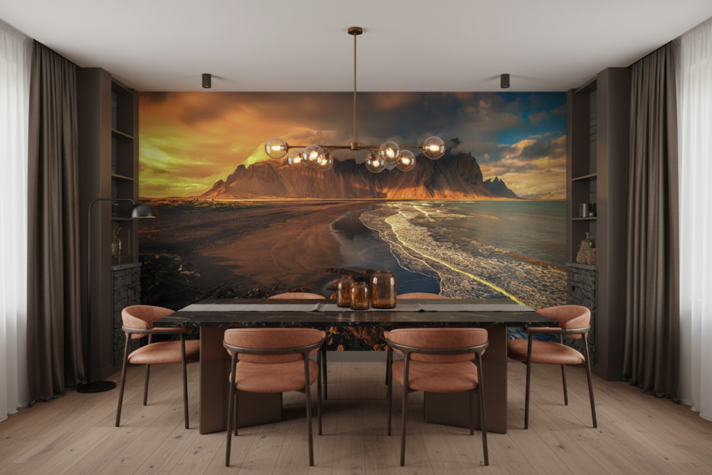 Coucher de soleil dramatique sur montagnes et plage océanique dorée - Salle à manger