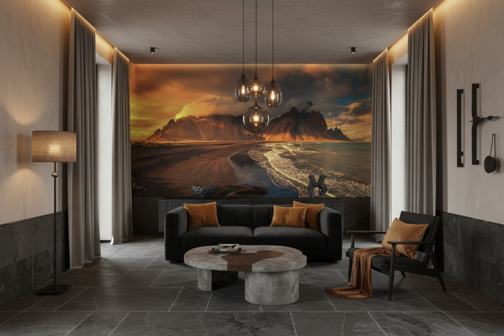 Coucher de soleil dramatique sur montagnes et plage océanique dorée - Salon / Séjour