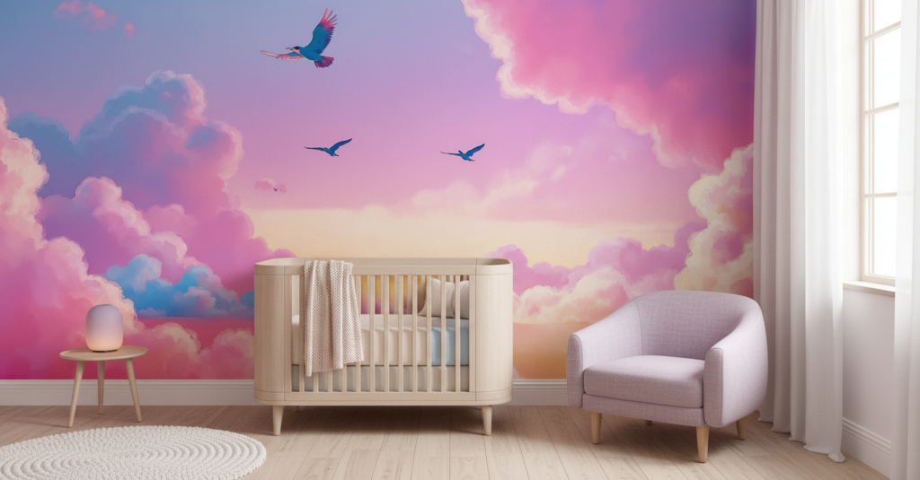 Coucher de soleil rose et violet avec oiseaux en vol - Chambre bébé