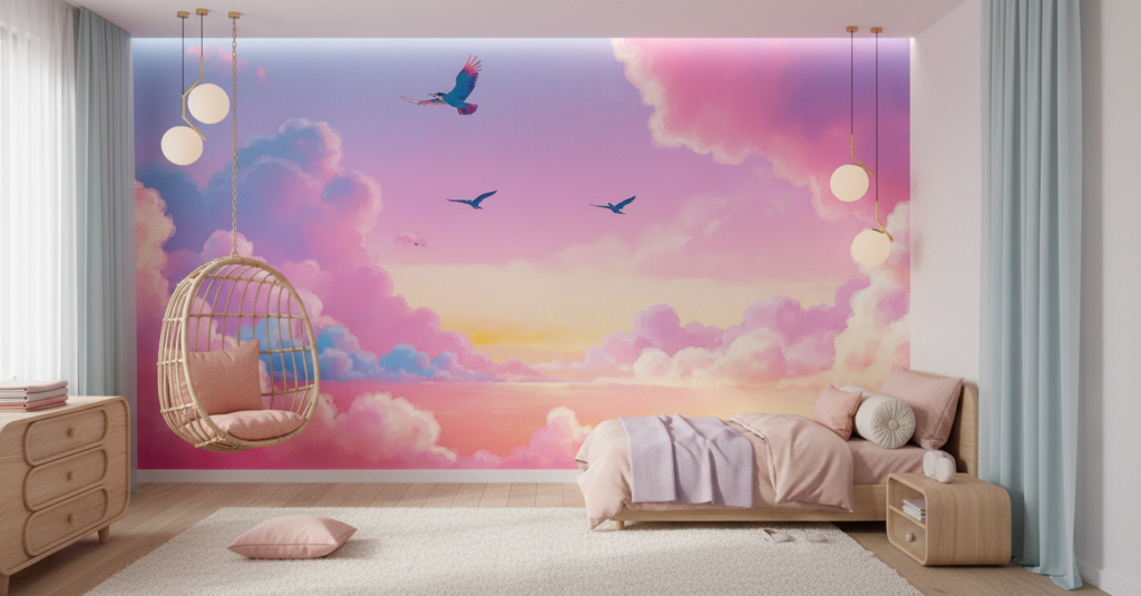 Coucher de soleil rose et violet avec oiseaux en vol - Chambre enfant