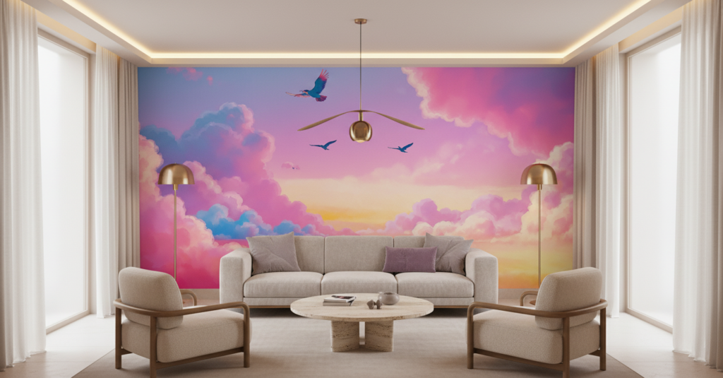 Coucher de soleil rose et violet avec oiseaux en vol - Salon / Séjour