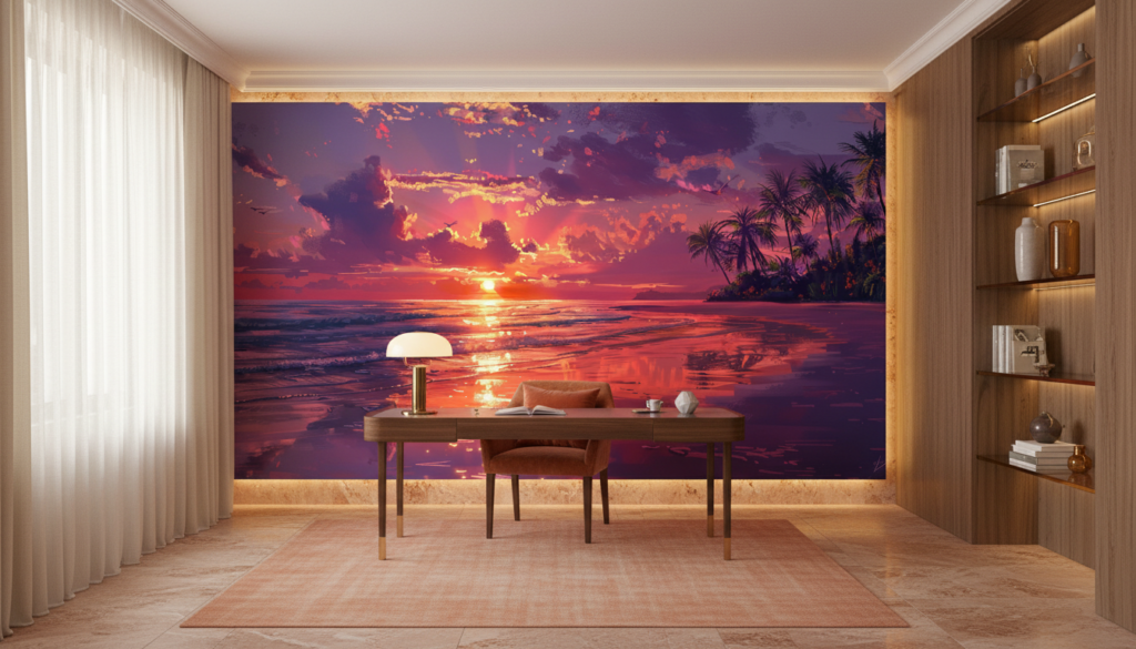 Coucher de soleil tropical avec palmiers et reflets océaniques dorés - Bureau